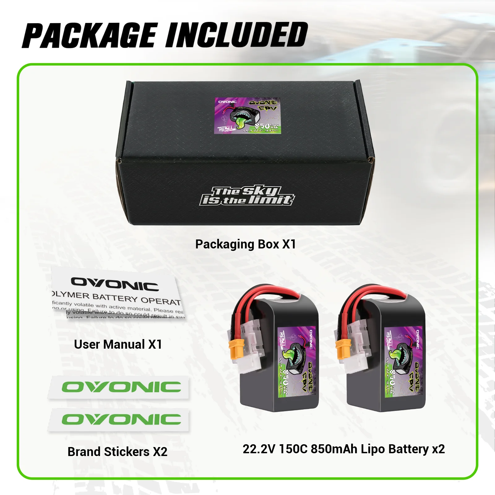 OVONIC 22.2V 150C 850mAh 6S LiPo Battery with XT30 Plug 2 Pack for 90-180mm Brushless FPV Drones Cinelog & Protek25