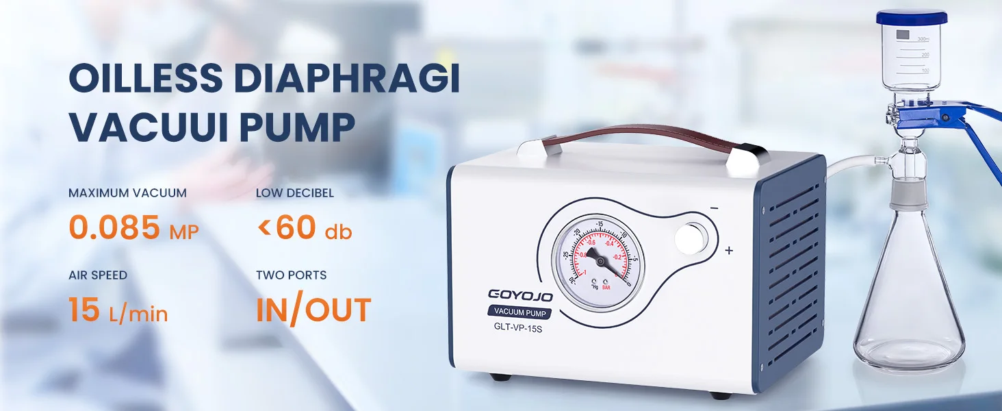GOYOJO Lab Vacuum Pump, 15L/min Oilless Diaphragm Vacuum Filtration Pump with Adjustable Flow & Dual Pressure, Portable Oil-Free Laboratory Pump with 2 Hoses for Filtration, Distillation & Extraction