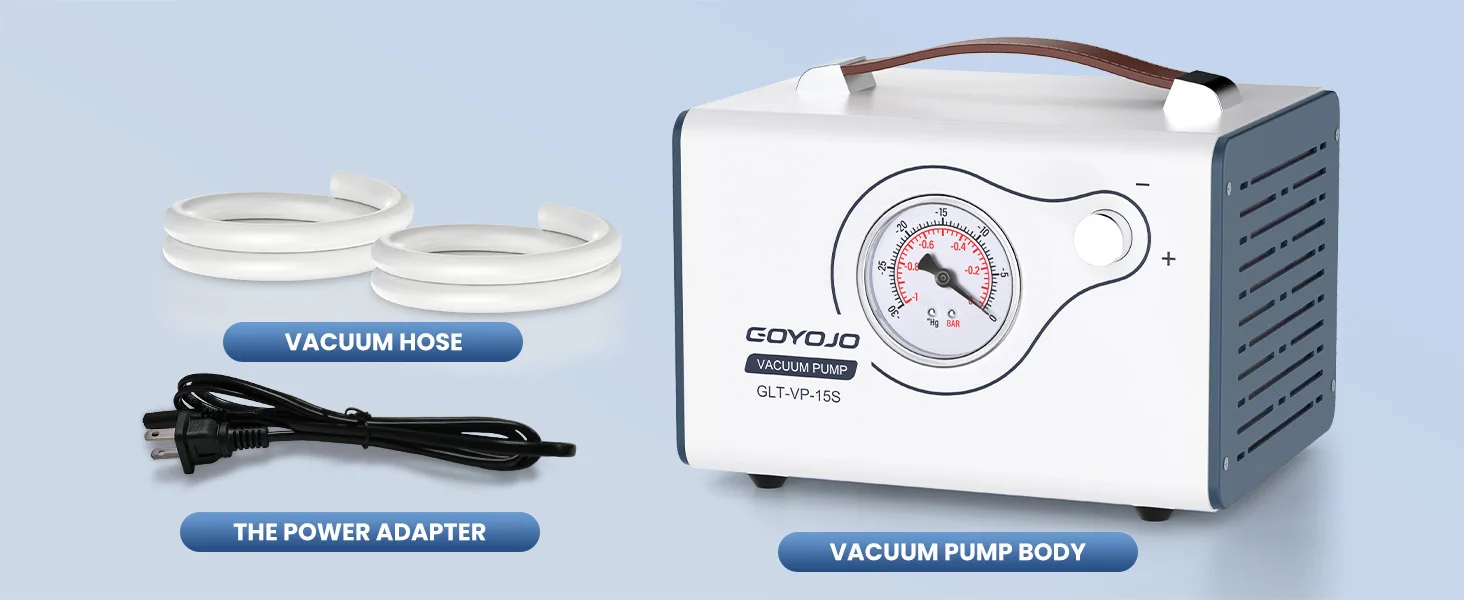 GOYOJO Lab Vacuum Pump, 15L/min Oilless Diaphragm Vacuum Filtration Pump with Adjustable Flow & Dual Pressure, Portable Oil-Free Laboratory Pump with 2 Hoses for Filtration, Distillation & Extraction
