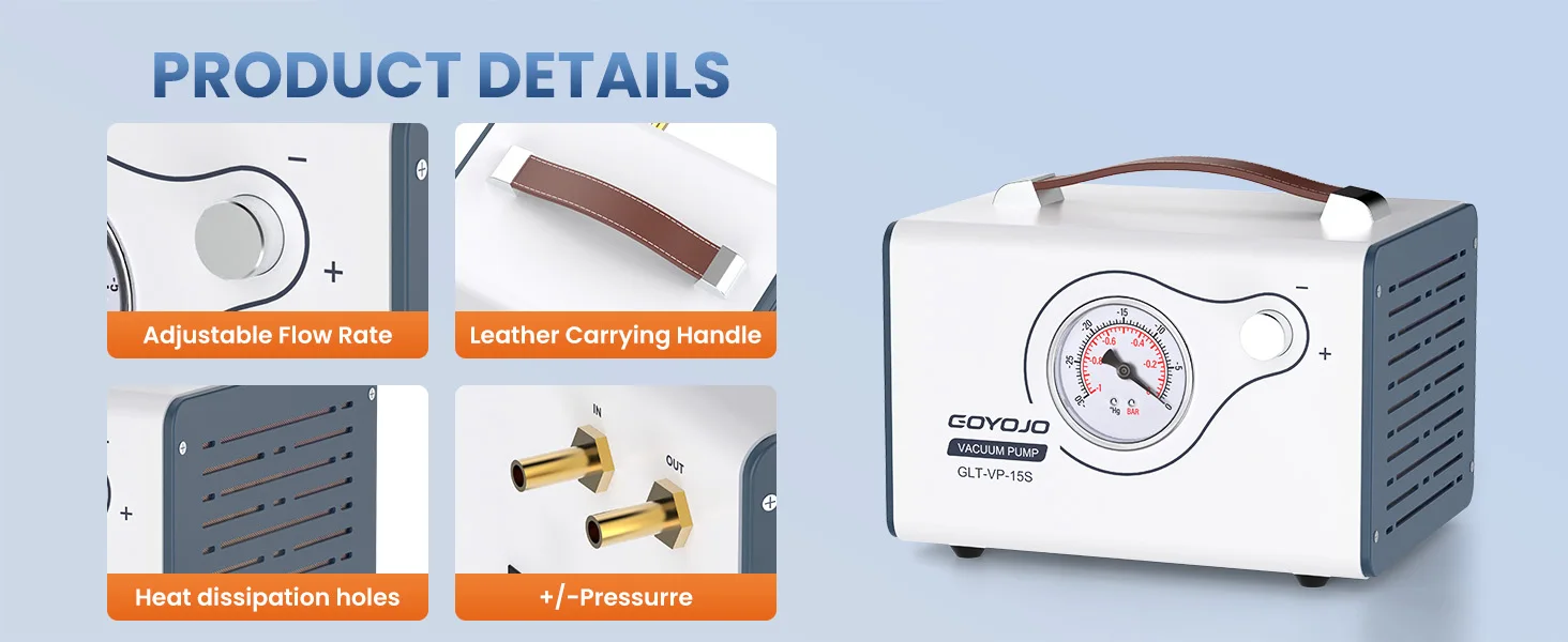 GOYOJO Lab Vacuum Pump, 15L/min Oilless Diaphragm Vacuum Filtration Pump with Adjustable Flow & Dual Pressure, Portable Oil-Free Laboratory Pump with 2 Hoses for Filtration, Distillation & Extraction