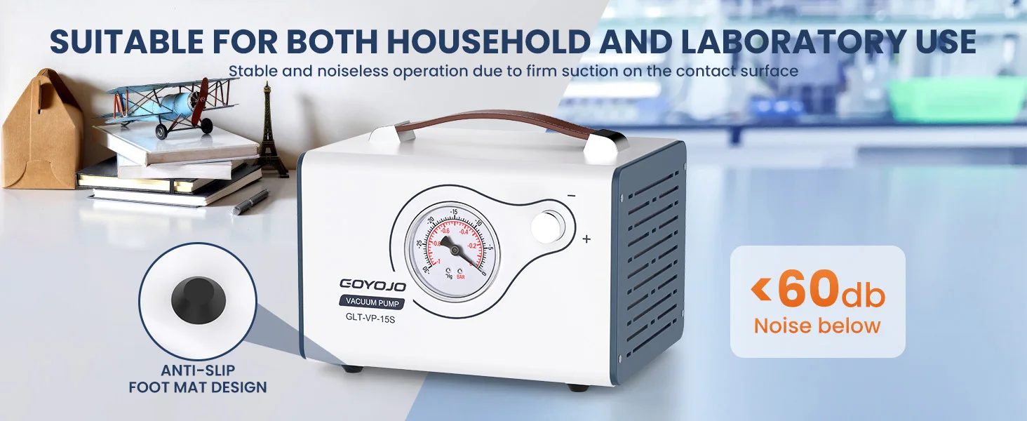GOYOJO Lab Vacuum Pump, 15L/min Oilless Diaphragm Vacuum Filtration Pump with Adjustable Flow & Dual Pressure, Portable Oil-Free Laboratory Pump with 2 Hoses for Filtration, Distillation & Extraction
