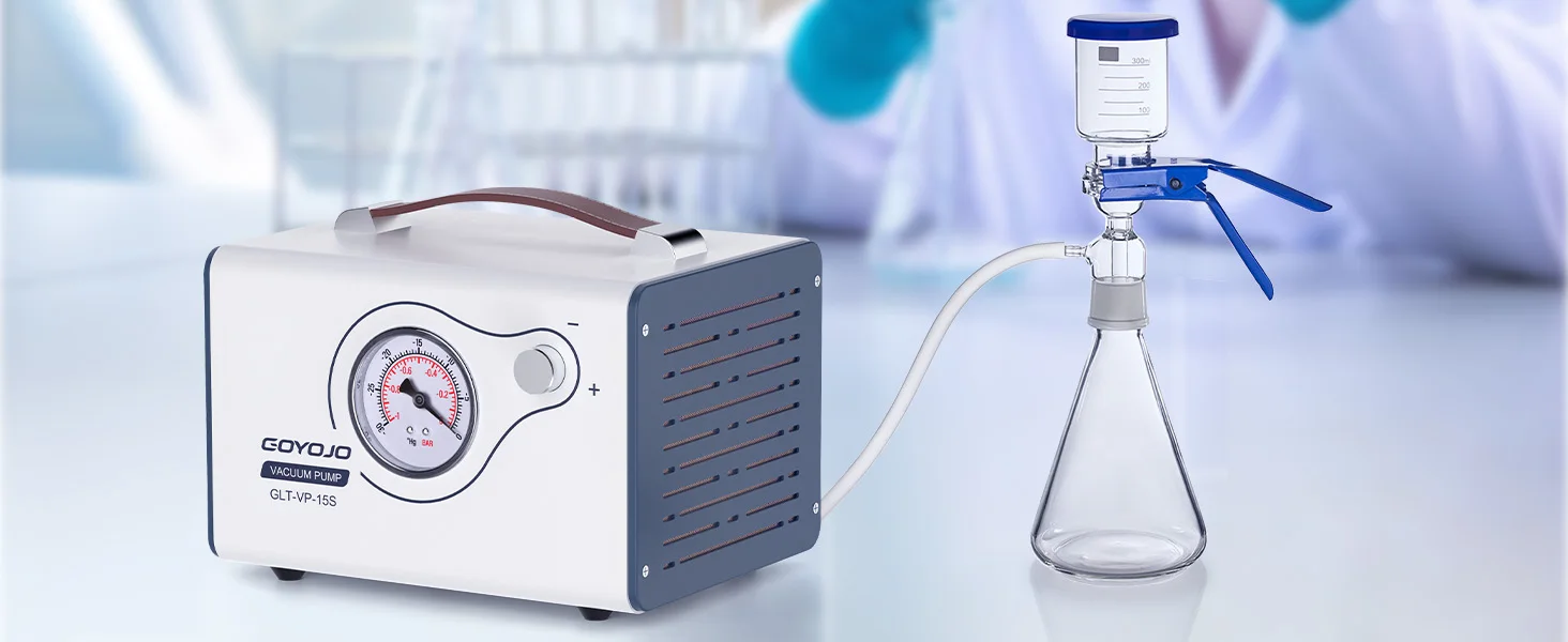GOYOJO Lab Vacuum Pump, 15L/min Oilless Diaphragm Vacuum Filtration Pump with Adjustable Flow & Dual Pressure, Portable Oil-Free Laboratory Pump with 2 Hoses for Filtration, Distillation & Extraction