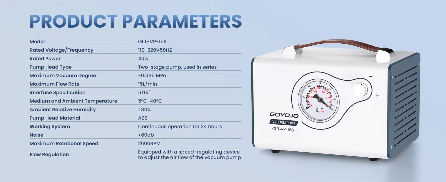 GOYOJO Lab Vacuum Pump, 15L/min Oilless Diaphragm Vacuum Filtration Pump with Adjustable Flow & Dual Pressure, Portable Oil-Free Laboratory Pump with 2 Hoses for Filtration, Distillation & Extraction