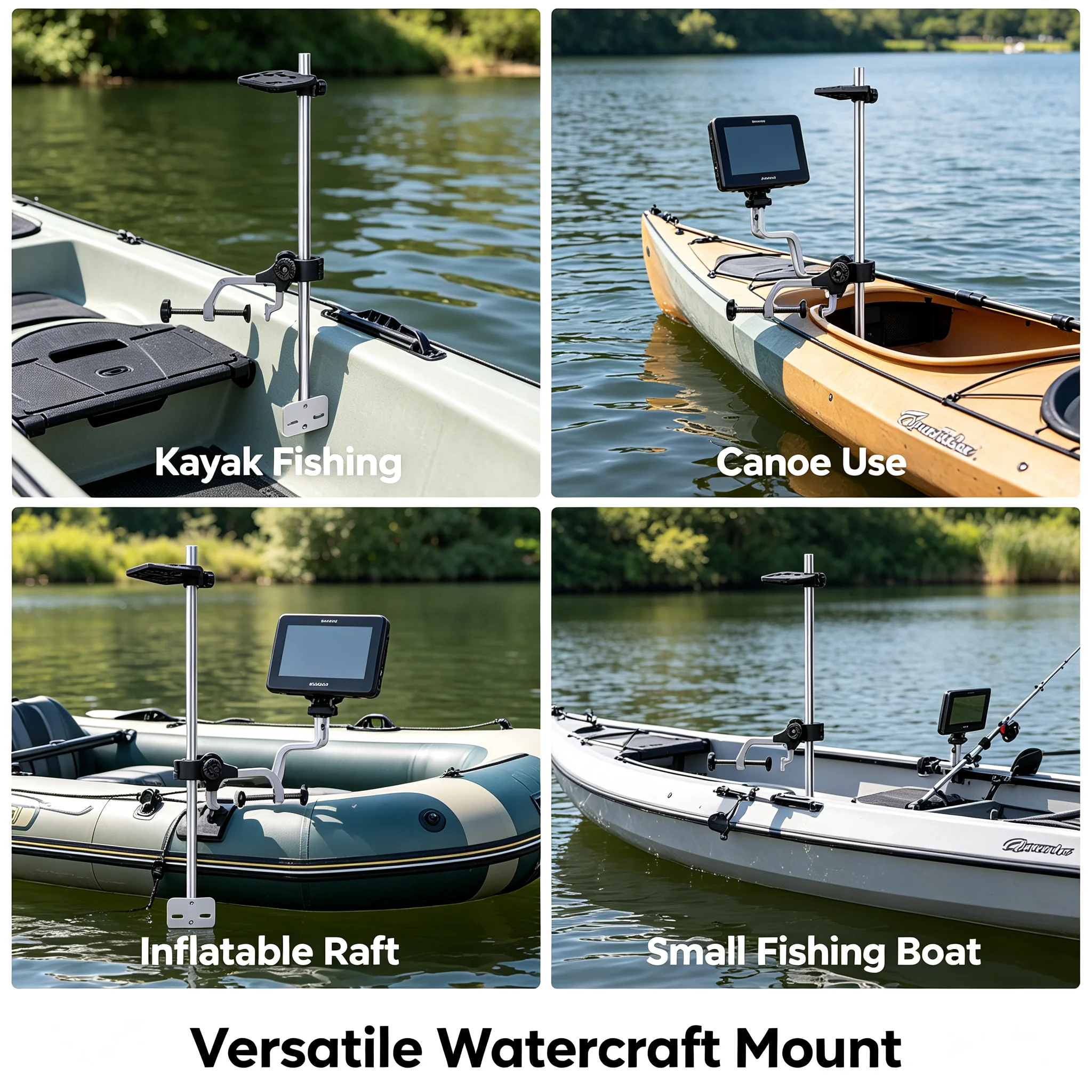 Universal Transducer Bracket Portable Fishfinder Mount, 360° Rotatable Fishing Boat Bracket with 3.15" Max Clamp Opening, Adjustable Height for Kayak Canoe Raft, Silver/Black