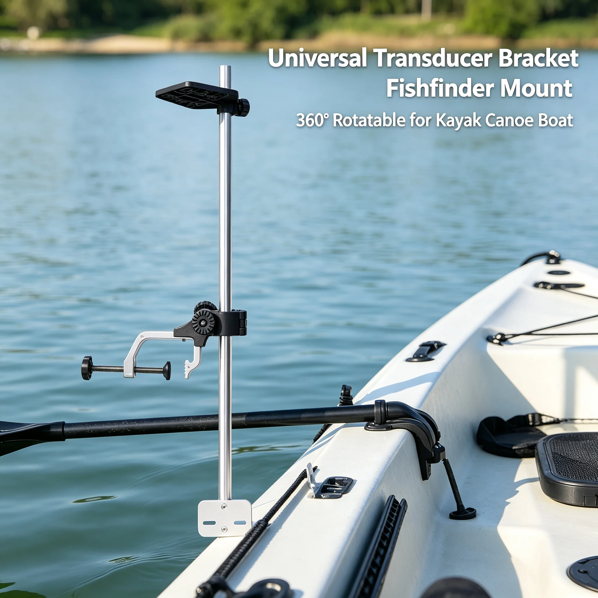 Universal Transducer Bracket Portable Fishfinder Mount, 360° Rotatable Fishing Boat Bracket with 3.15" Max Clamp Opening, Adjustable Height for Kayak Canoe Raft, Silver/Black