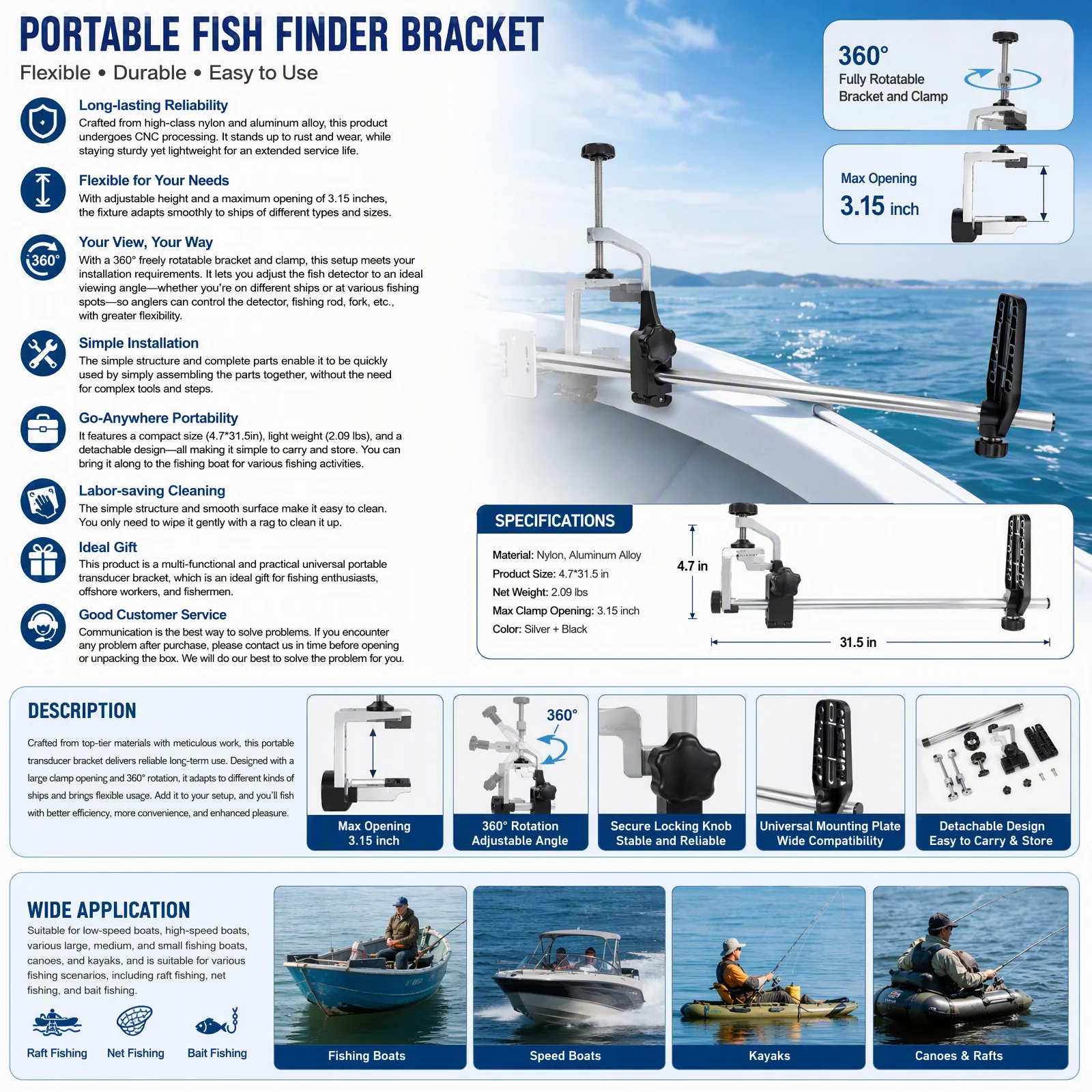Universal Transducer Bracket Portable Fishfinder Mount, 360° Rotatable Fishing Boat Bracket with 3.15" Max Clamp Opening, Adjustable Height for Kayak Canoe Raft, Silver/Black