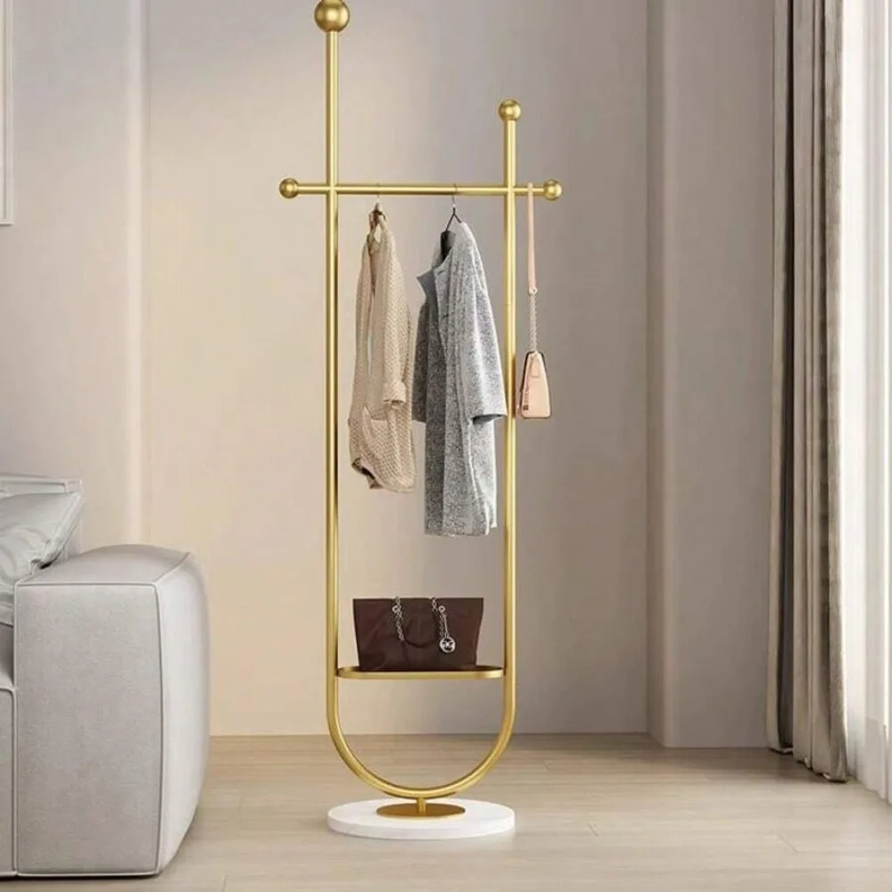 Clothing Rack Gold Metal Freestanding Heavy Duty Clothes Rack with Marble Base for Bedroom Entryway Living Room Boutique Retail Store Display, Multipurpose Garment Hanger Coat Tree Stand for Hats Scarves Jackets Bags Coats Dresses Suits Pants, Sturdy