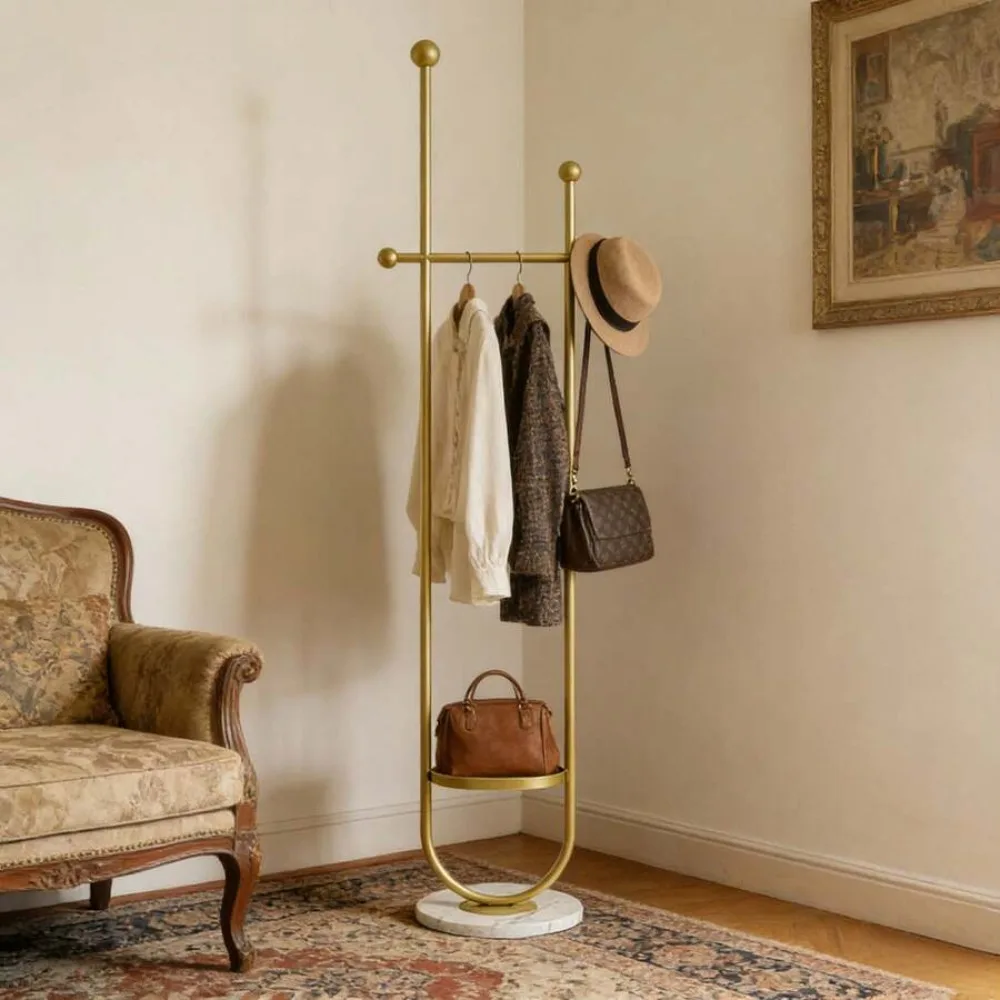 Clothing Rack Gold Metal Freestanding Heavy Duty Clothes Rack with Marble Base for Bedroom Entryway Living Room Boutique Retail Store Display, Multipurpose Garment Hanger Coat Tree Stand for Hats Scarves Jackets Bags Coats Dresses Suits Pants, Sturdy