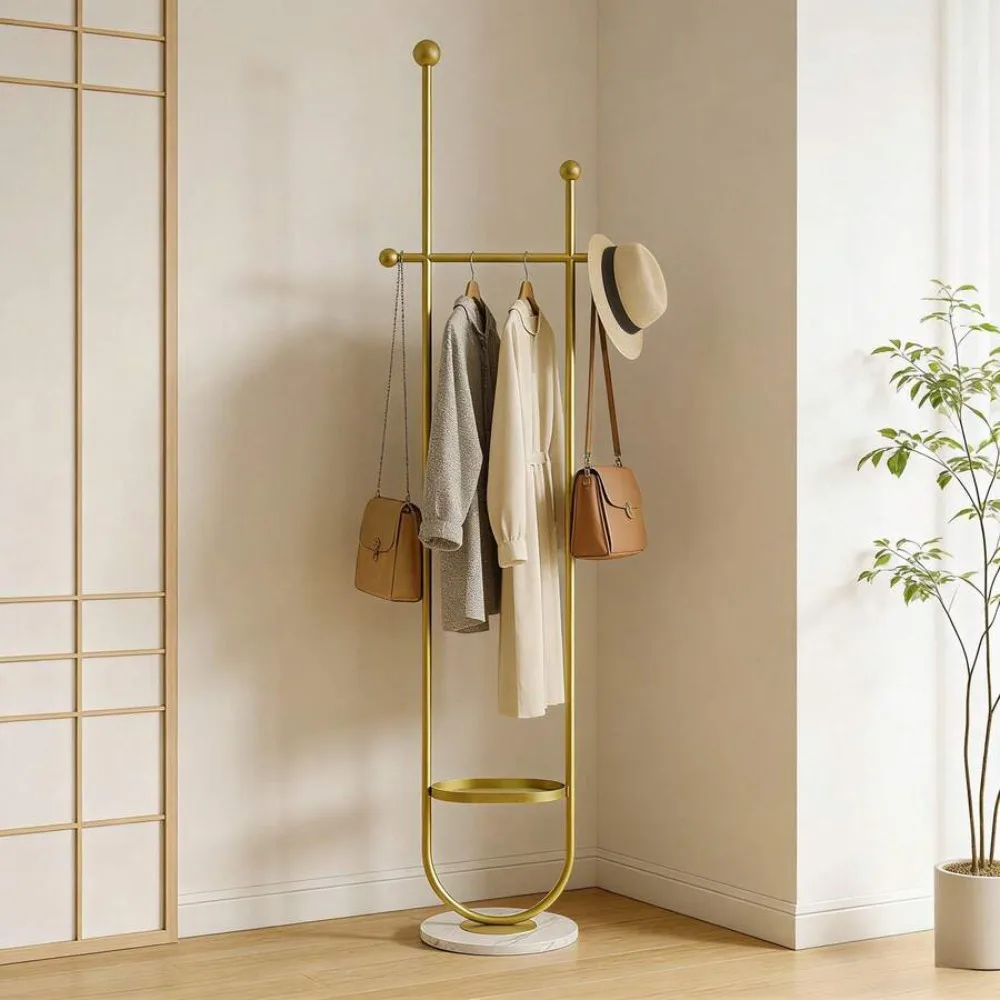 Clothing Rack Gold Metal Freestanding Heavy Duty Clothes Rack with Marble Base for Bedroom Entryway Living Room Boutique Retail Store Display, Multipurpose Garment Hanger Coat Tree Stand for Hats Scarves Jackets Bags Coats Dresses Suits Pants, Sturdy