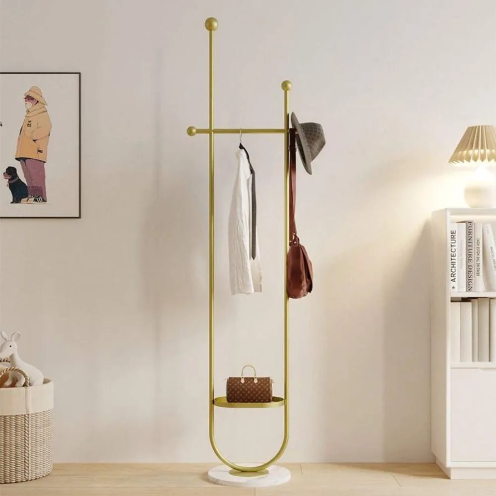 Clothing Rack Gold Metal Freestanding Heavy Duty Clothes Rack with Marble Base for Bedroom Entryway Living Room Boutique Retail Store Display, Multipurpose Garment Hanger Coat Tree Stand for Hats Scarves Jackets Bags Coats Dresses Suits Pants, Sturdy