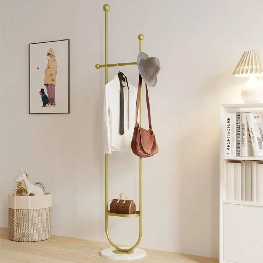 Clothing Rack Gold Metal Freestanding Heavy Duty Clothes Rack with Marble Base for Bedroom Entryway Living Room Boutique Retail Store Display, Multipurpose Garment Hanger Coat Tree Stand for Hats Scarves Jackets Bags Coats Dresses Suits Pants, Sturdy