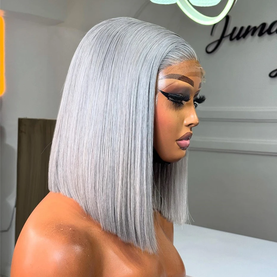 Gray Short Bob Human Hair Wigs Pre Plucked Remy Peruvian 13x6 Transparent Lace Frontal Wig Silver Grey Colored Frontal Straight Bob Wigs For Women