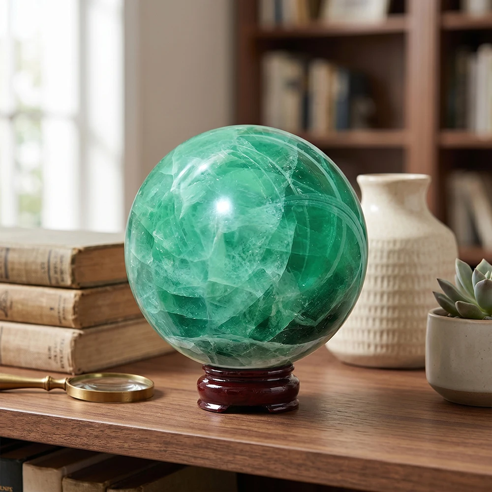 6-7cm/2.36-2.76inch Natural Green Fluorite Crystal Ball with Wooden Stand Polished Reiki Healing Chakra Stone for Clarity Focus Balance Meditation Yoga Feng Shui Home Office Desk Decor Display Emotional Healing Gift for Crystal Lover Collection