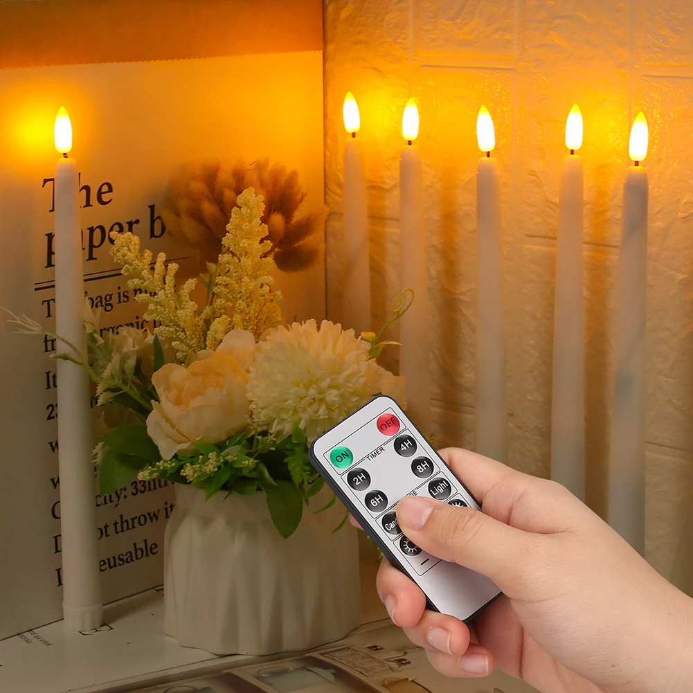 6/12Pack LED Flameless Ivory Taper Candles Flickering with Remote 3D Wick Battery Operated Christmas Window Candle Wedding Decor