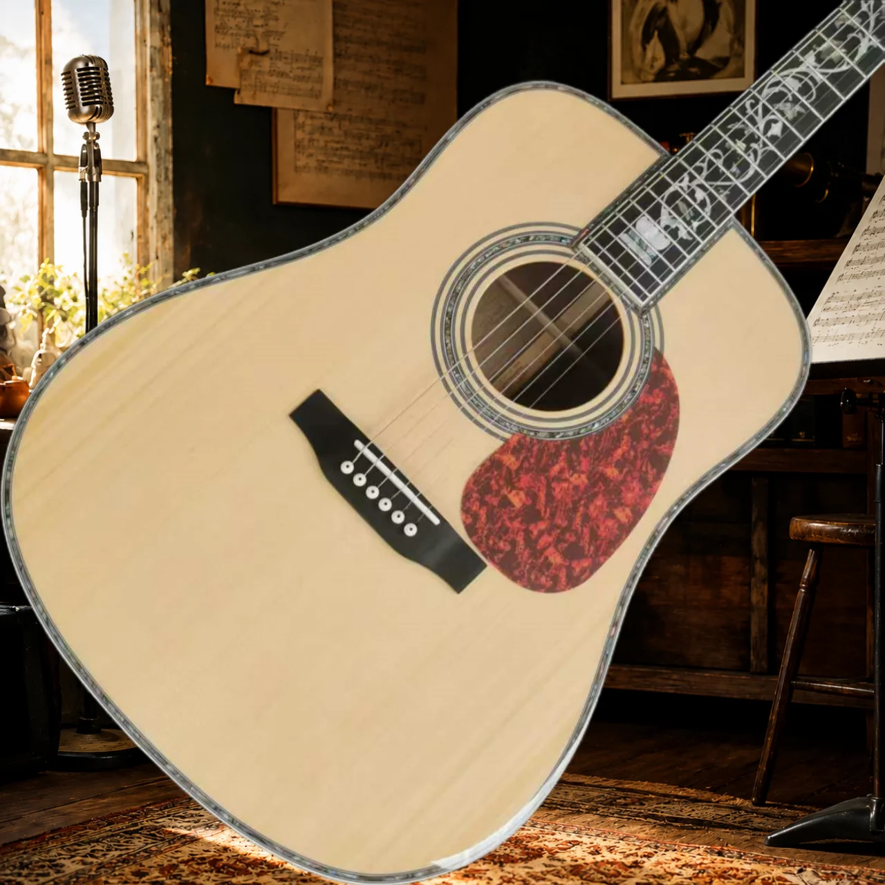 Hot Sale D45 Acoustic Guitar Solid Spruce Top with Small Flower Vase Abalone Shell Inlaid 20 Frets
