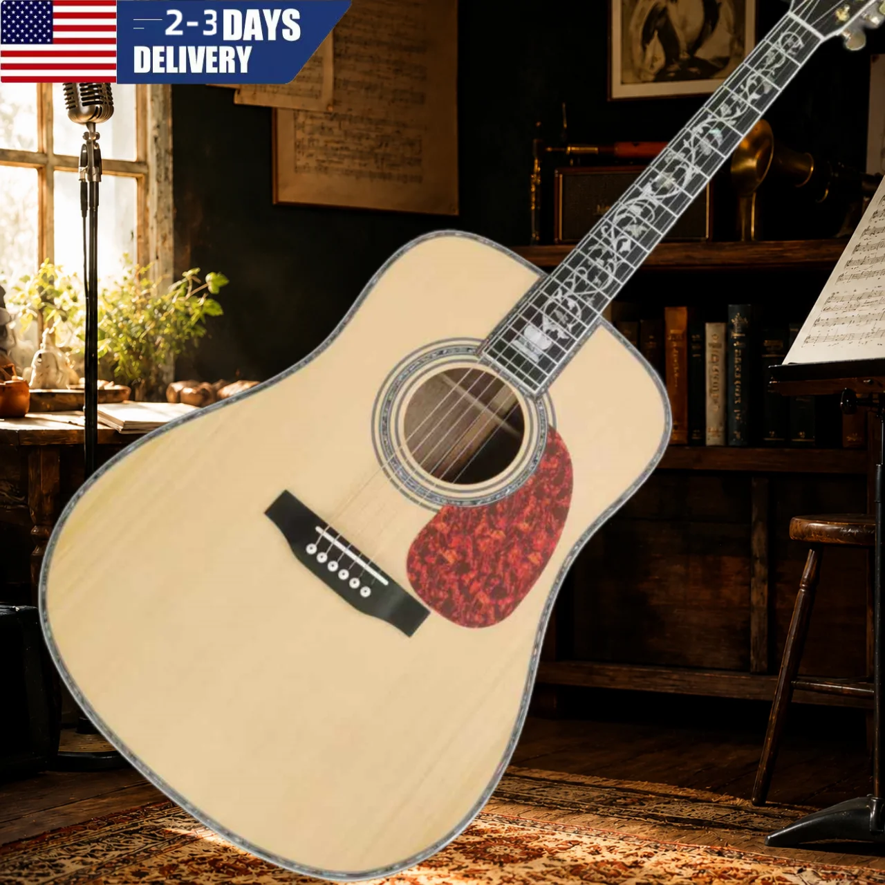 Hot Sale D45 Acoustic Guitar Solid Spruce Top with Small Flower Vase Abalone Shell Inlaid 20 Frets