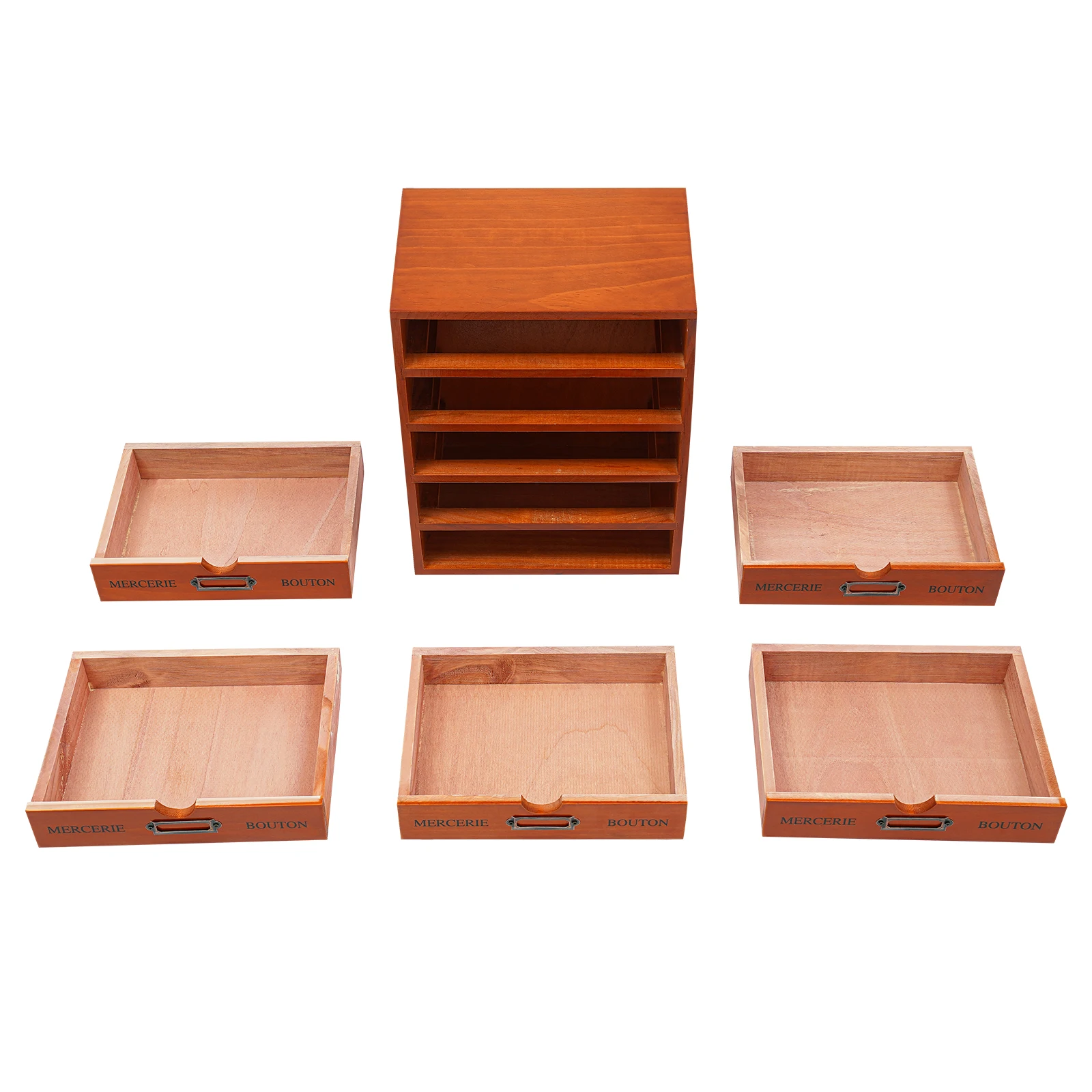 Brown Pine Wood Desk Organizer With 5 Drawers, 5kg Load‑Capacity Pre‑Assembled Desktop Storage Cabinet With Label Slot for Office Home Stationery Cosmetics Organization