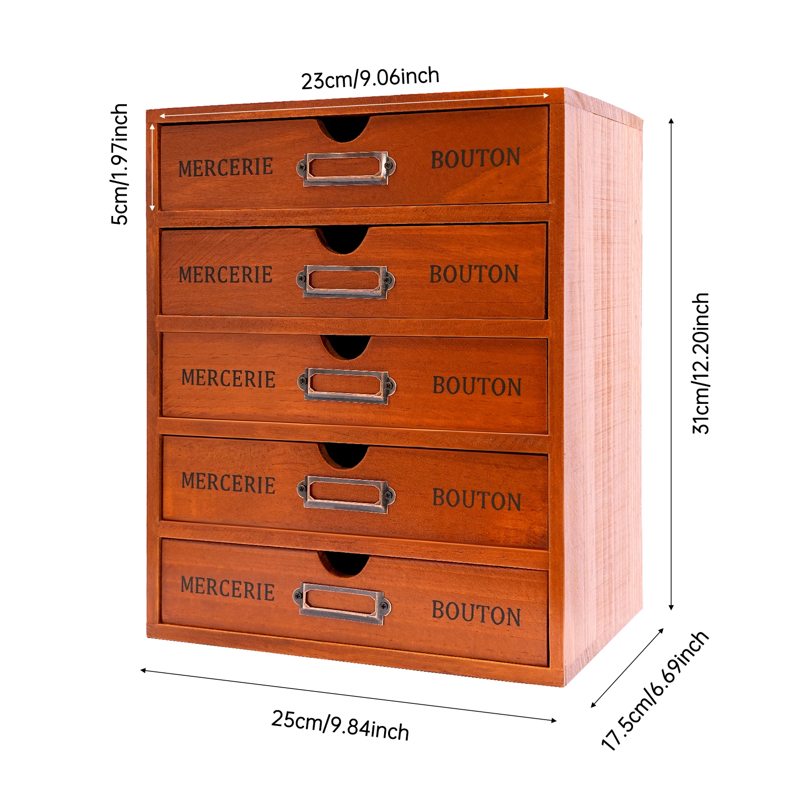 Brown Pine Wood Desk Organizer With 5 Drawers, 5kg Load‑Capacity Pre‑Assembled Desktop Storage Cabinet With Label Slot for Office Home Stationery Cosmetics Organization