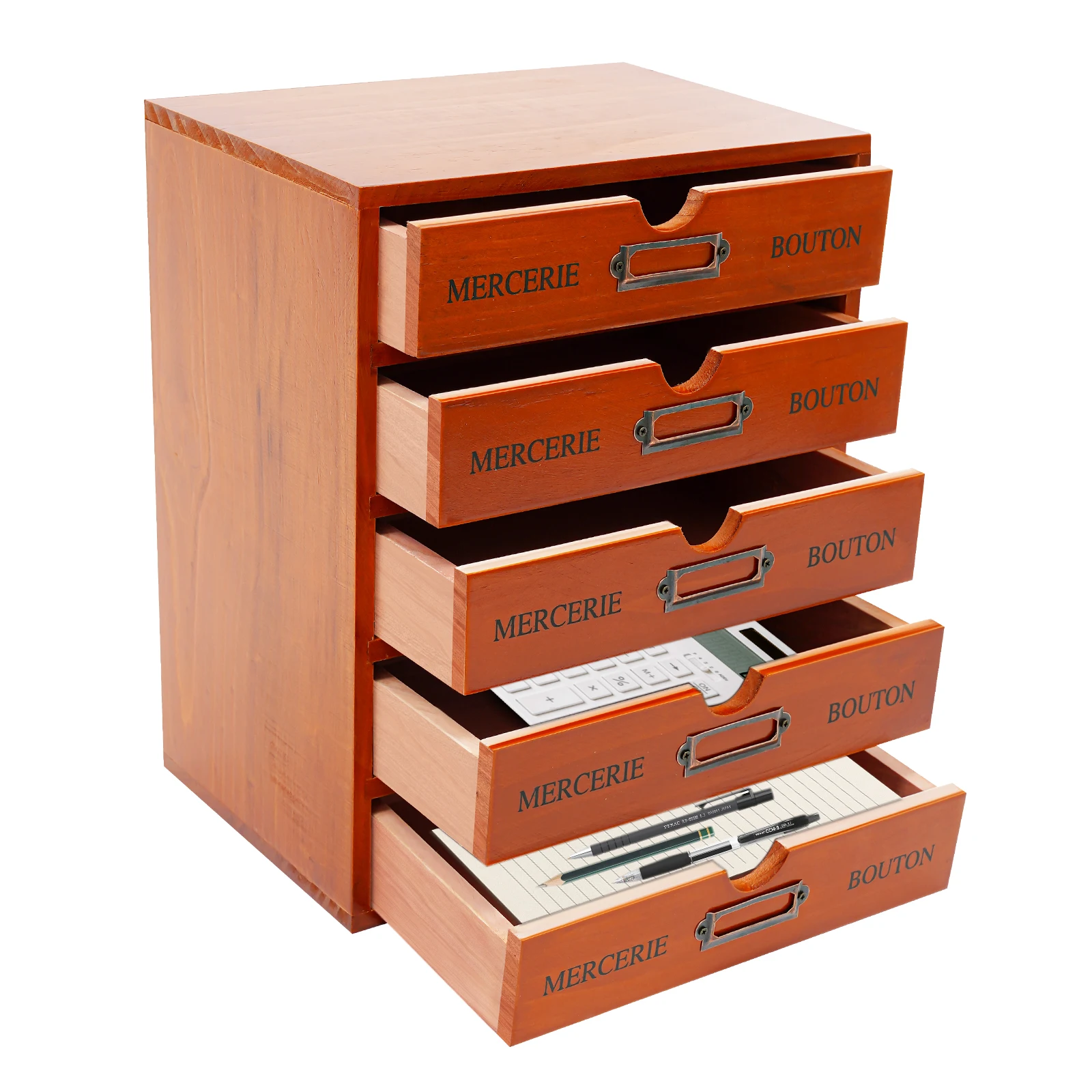 Brown Pine Wood Desk Organizer With 5 Drawers, 5kg Load‑Capacity Pre‑Assembled Desktop Storage Cabinet With Label Slot for Office Home Stationery Cosmetics Organization