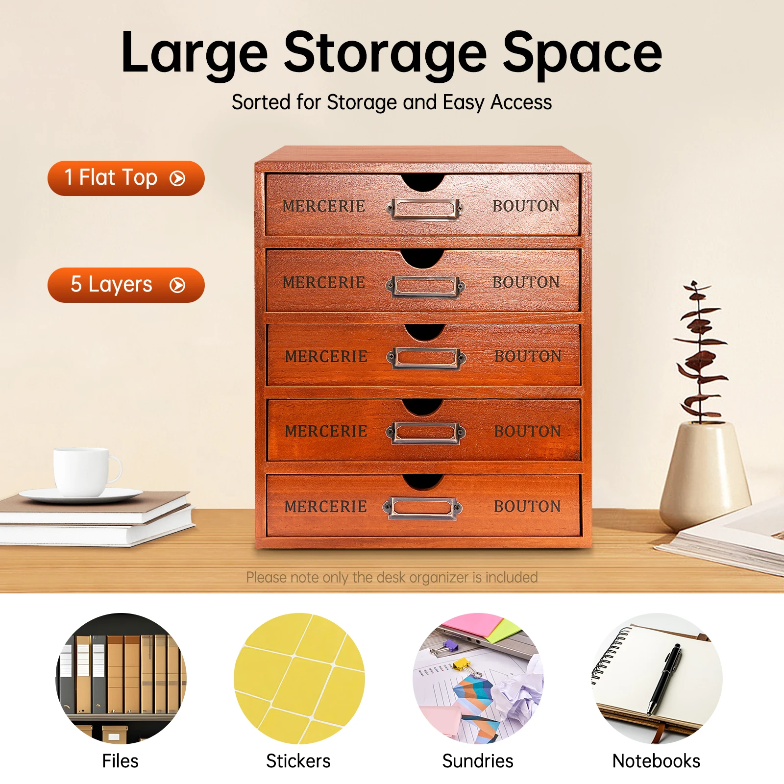 Brown Pine Wood Desk Organizer With 5 Drawers, 5kg Load‑Capacity Pre‑Assembled Desktop Storage Cabinet With Label Slot for Office Home Stationery Cosmetics Organization