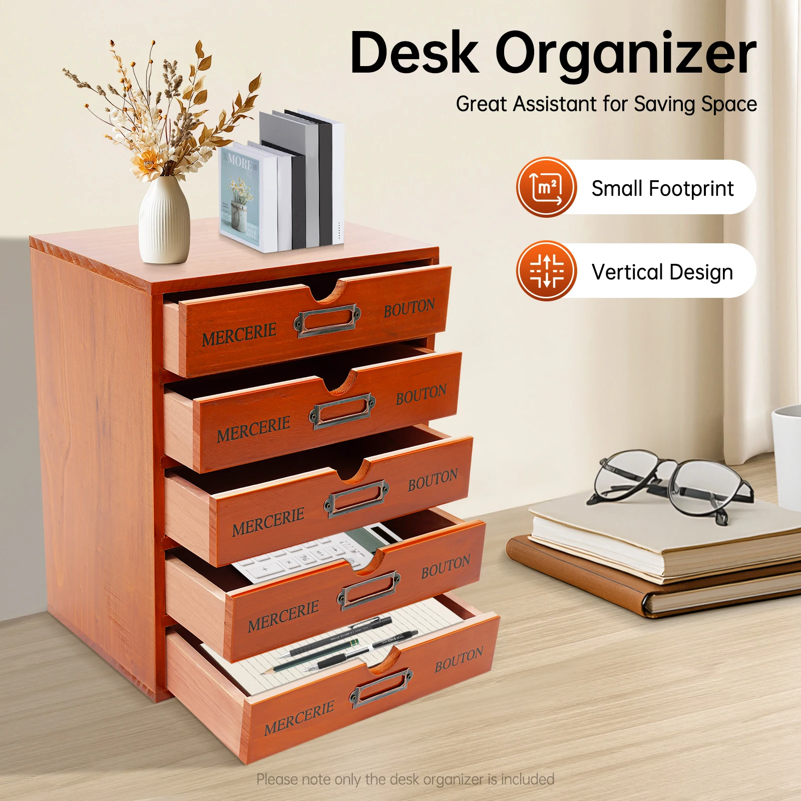 Brown Pine Wood Desk Organizer With 5 Drawers, 5kg Load‑Capacity Pre‑Assembled Desktop Storage Cabinet With Label Slot for Office Home Stationery Cosmetics Organization