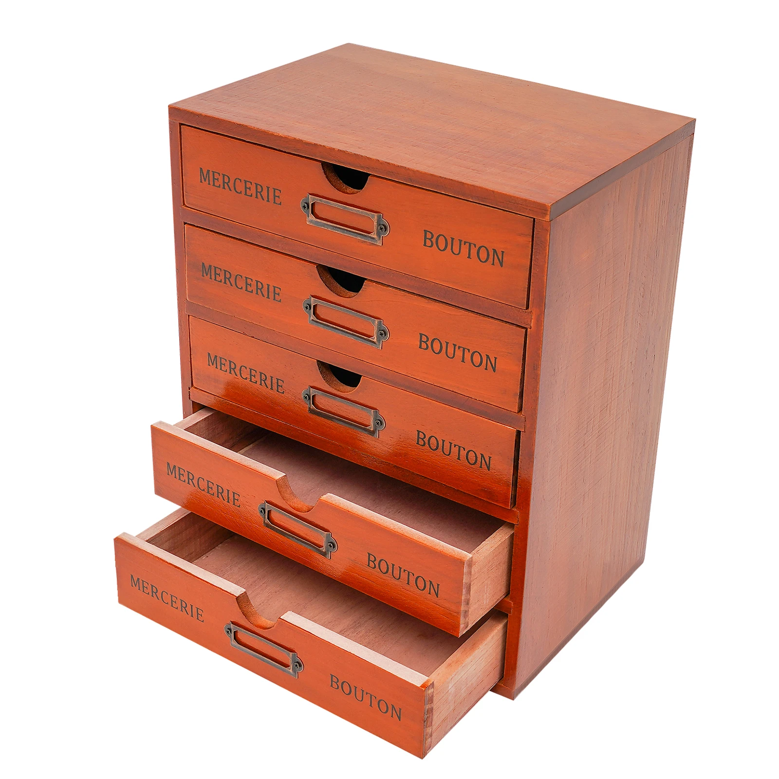 Brown Pine Wood Desk Organizer With 5 Drawers, 5kg Load‑Capacity Pre‑Assembled Desktop Storage Cabinet With Label Slot for Office Home Stationery Cosmetics Organization
