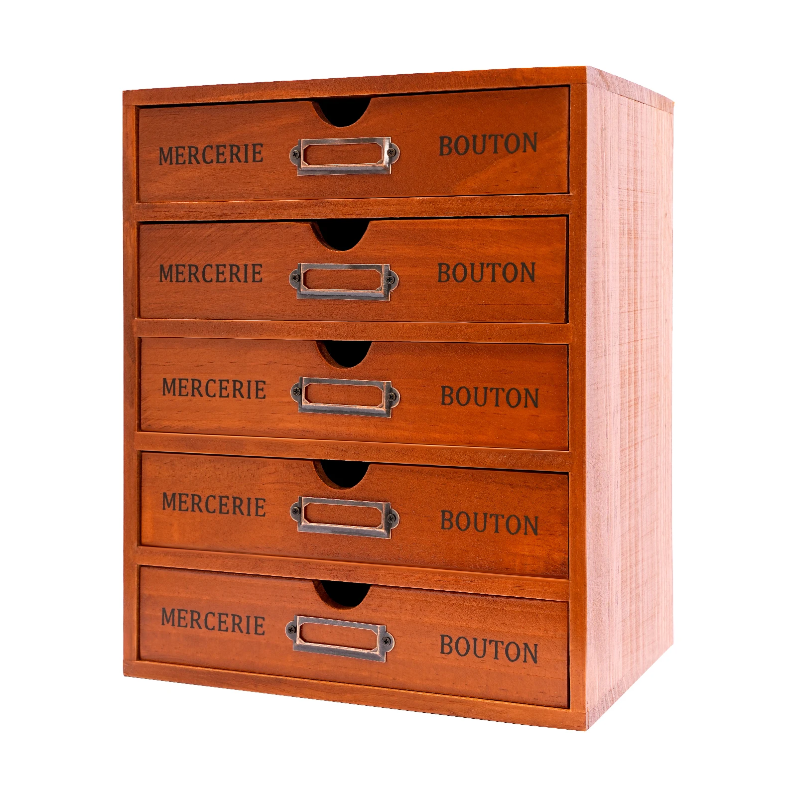 Brown Pine Wood Desk Organizer With 5 Drawers, 5kg Load‑Capacity Pre‑Assembled Desktop Storage Cabinet With Label Slot for Office Home Stationery Cosmetics Organization