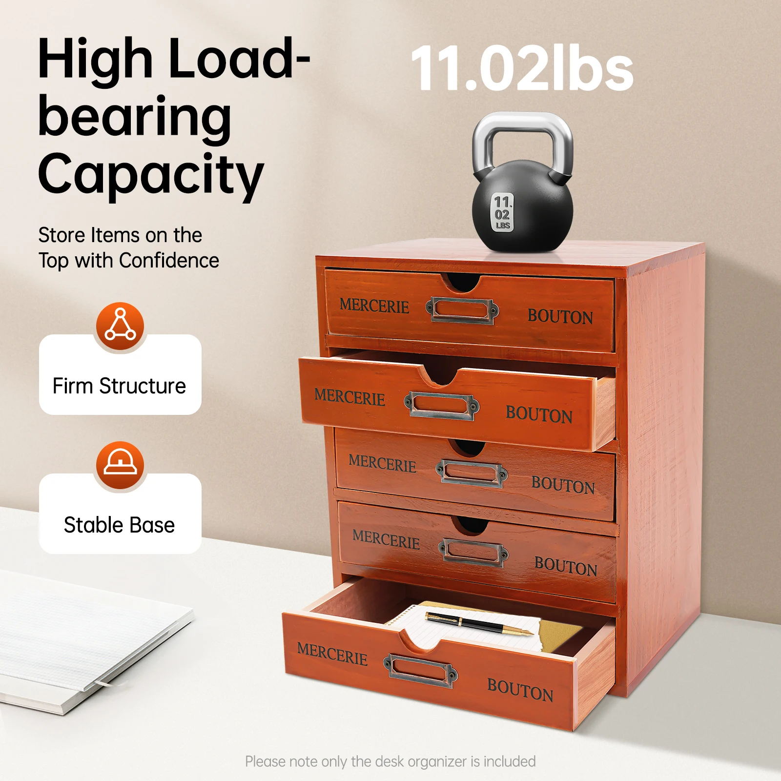 Brown Pine Wood Desk Organizer With 5 Drawers, 5kg Load‑Capacity Pre‑Assembled Desktop Storage Cabinet With Label Slot for Office Home Stationery Cosmetics Organization