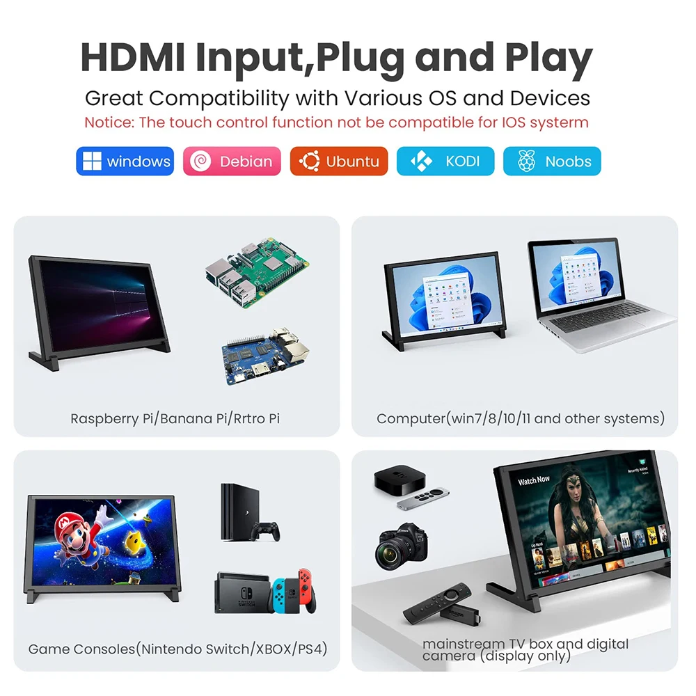 Eyoyo 10.1-inch Capacitive Touchscreen for Raspberry Pi LCD Display 1280x800 HD IPS Screen Driver-free Portable HDMI Touch Monitor Supports Banana Pi&Gaming Consoles