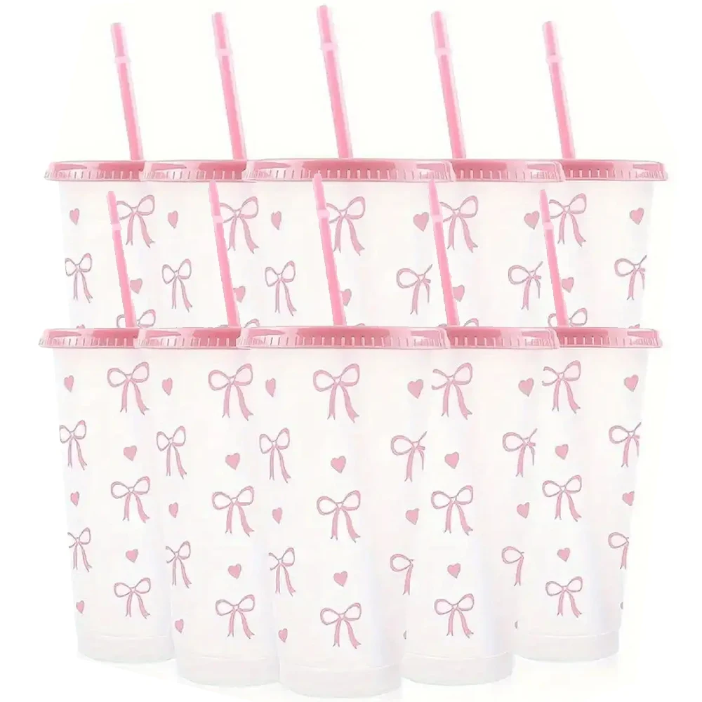 10/20/30 Pack 24oz Pink Bow Plastic Cups Tumblers, Reusable Cup, Iced Coffee Cup With Straw And Lid, Suitable Mother's Day, Dates, Birthday Parties, Outdoor Activities, Daily Use And Camping Summer Drink Cup Valentine's Day,, Mother's Day, Halloween