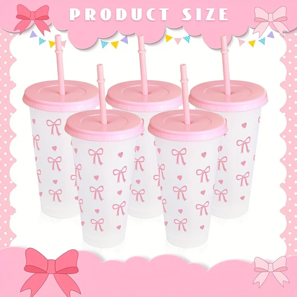 10/20/30 Pack 24oz Pink Bow Plastic Cups Tumblers, Reusable Cup, Iced Coffee Cup With Straw And Lid, Suitable Mother's Day, Dates, Birthday Parties, Outdoor Activities, Daily Use And Camping Summer Drink Cup Valentine's Day,, Mother's Day, Halloween