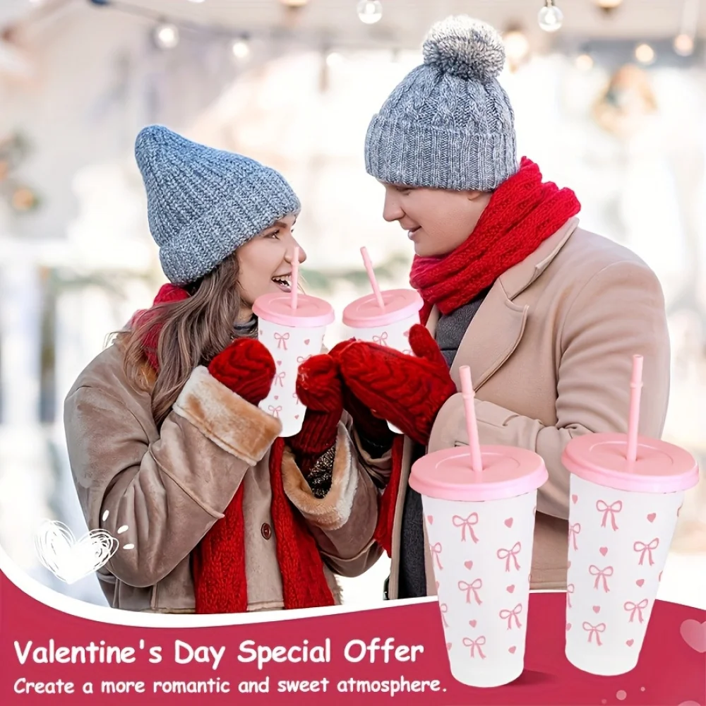 10/20/30 Pack 24oz Pink Bow Plastic Cups Tumblers, Reusable Cup, Iced Coffee Cup With Straw And Lid, Suitable Mother's Day, Dates, Birthday Parties, Outdoor Activities, Daily Use And Camping Summer Drink Cup Valentine's Day,, Mother's Day, Halloween
