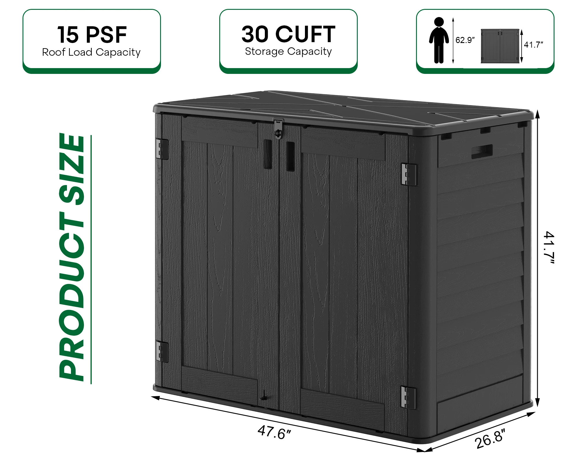 31 Cu. Ft. Horizontal Outdoor Storage Shed, Waterproof Resin Storage Cabinet for Backyard & Garden Tools, Black/Khaki