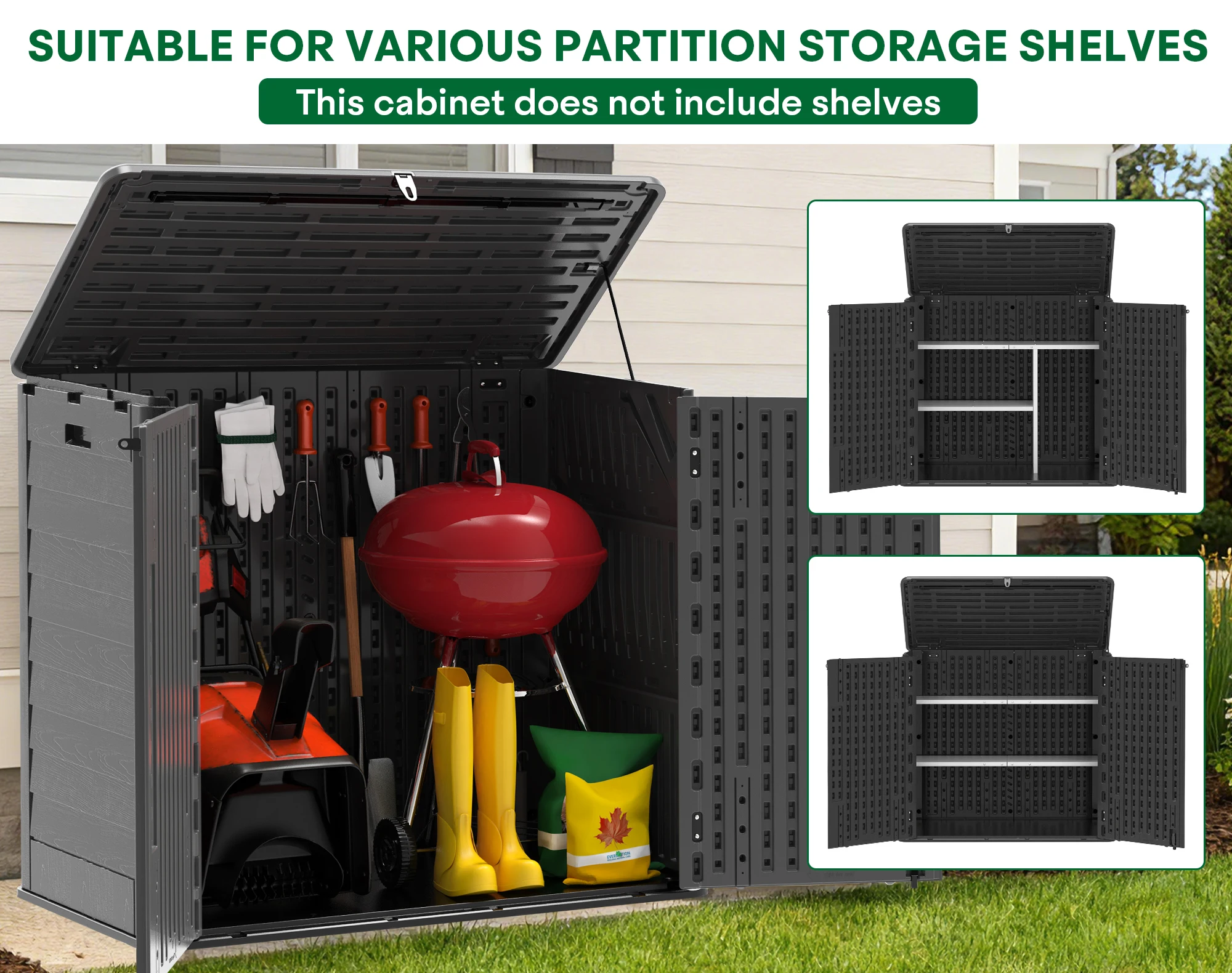 31 Cu. Ft. Horizontal Outdoor Storage Shed, Waterproof Resin Storage Cabinet for Backyard & Garden Tools, Black/Khaki