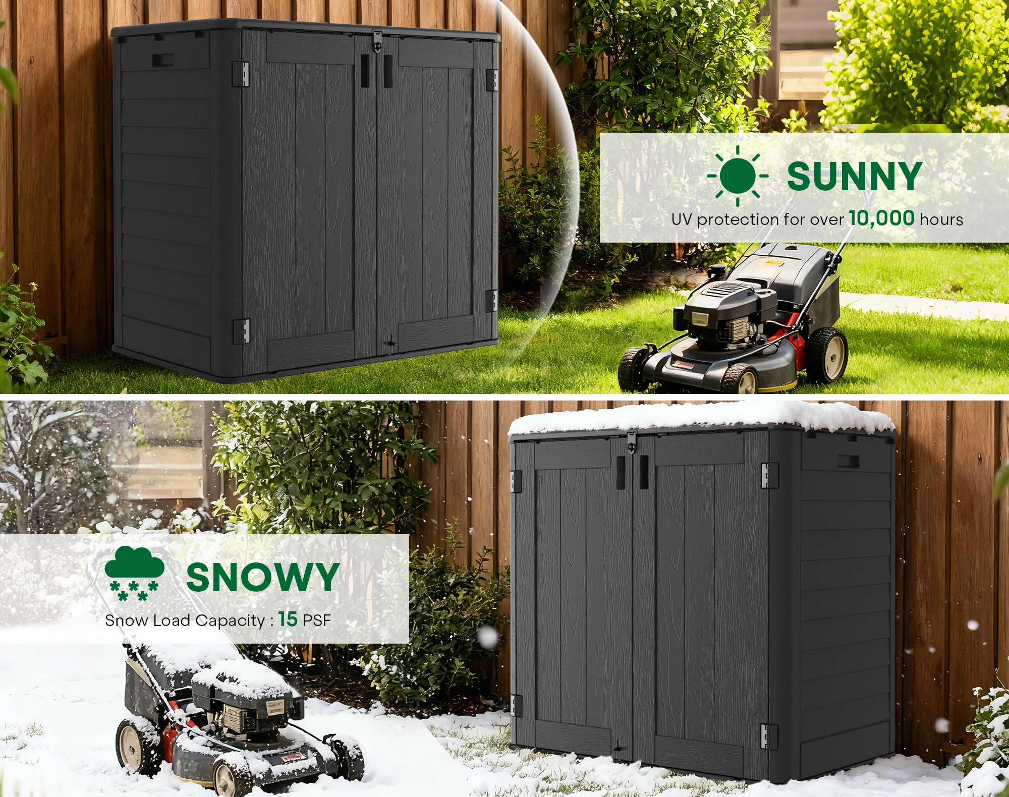 31 Cu. Ft. Horizontal Outdoor Storage Shed, Waterproof Resin Storage Cabinet for Backyard & Garden Tools, Black/Khaki