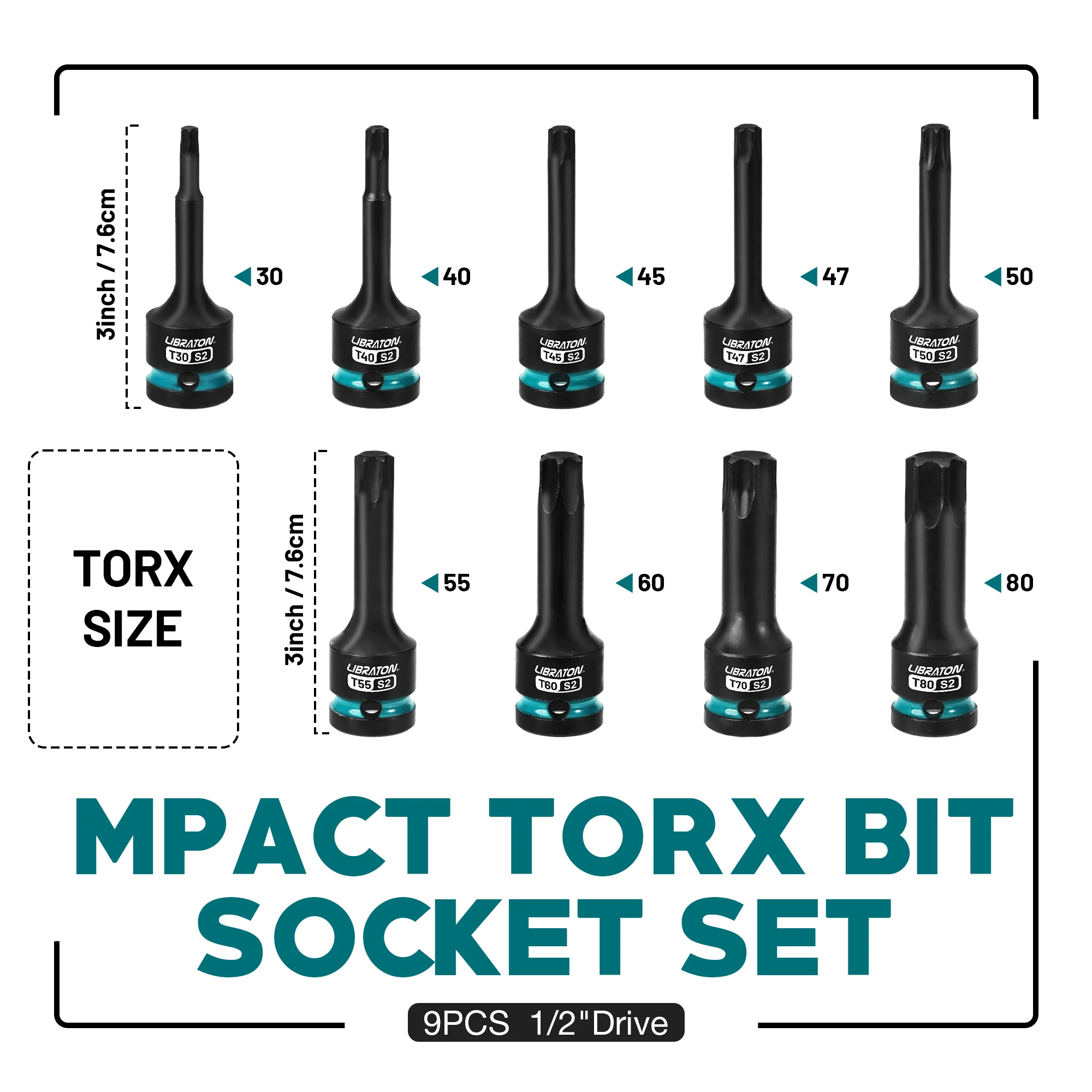 Impact Torx Bit Socket Set, 1/2" Drive, S2 Steel, T30-T80, 9PCS Impact Star Bit Socket Set, High Impact Torx Sockets, XPE Storage, Professional Mechanic Tools, Automotive Repair