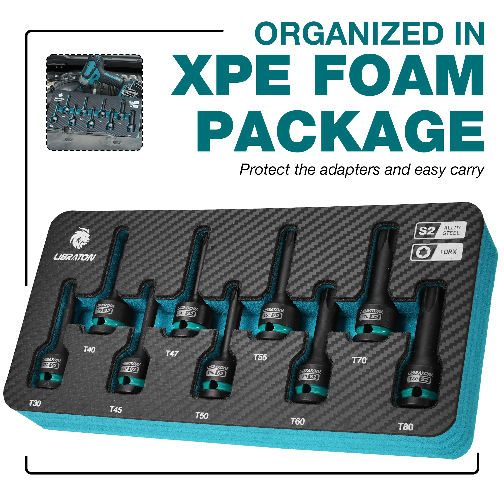 Impact Torx Bit Socket Set, 1/2" Drive, S2 Steel, T30-T80, 9PCS Impact Star Bit Socket Set, High Impact Torx Sockets, XPE Storage, Professional Mechanic Tools, Automotive Repair