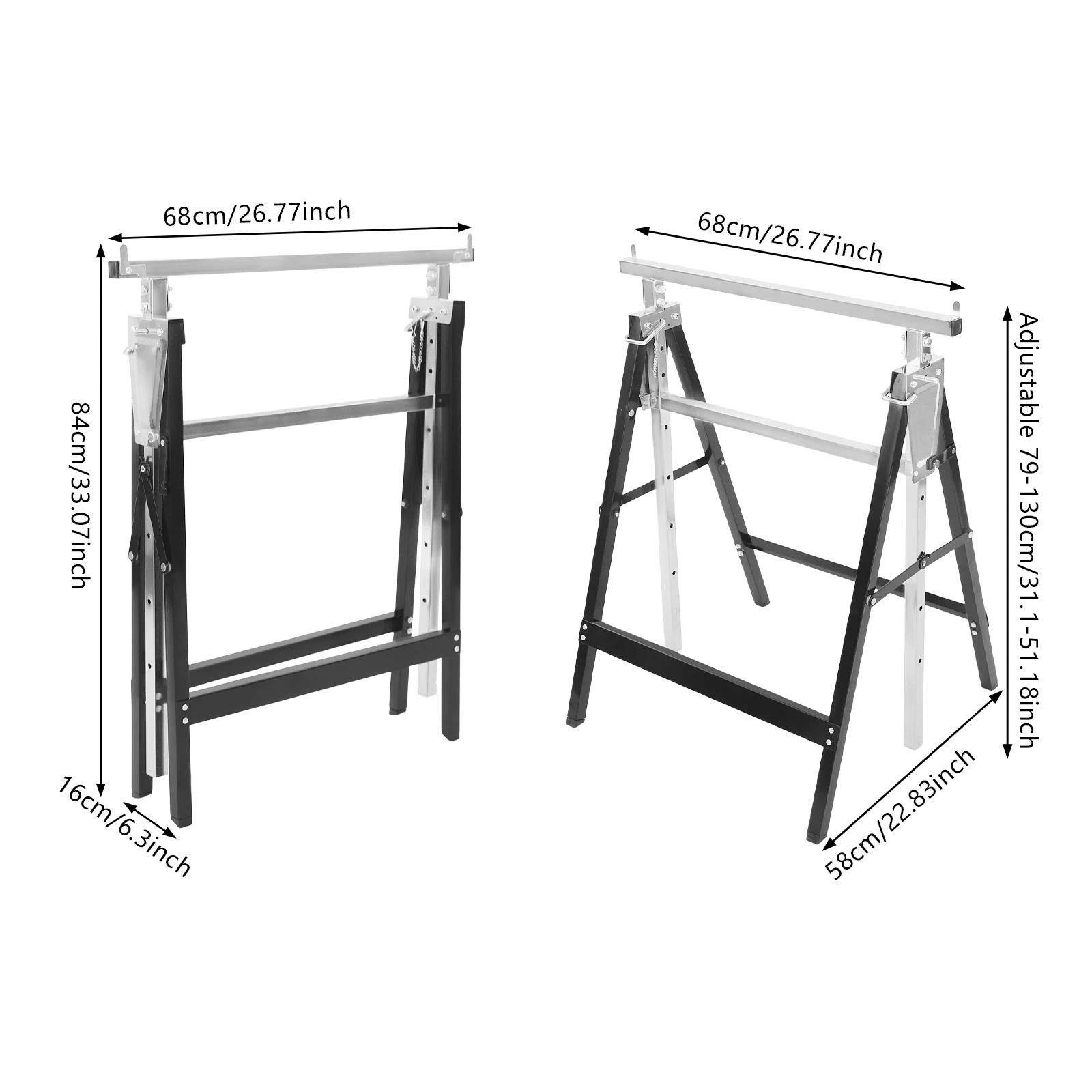 Two Lifting Bracket Saw Horse Support Frames Q195 Steel Saw Horses, Folding Saw Horse, Height Adjustable Saw Horse for Woodworking Load-Bearing Capacity 220.46-Pound