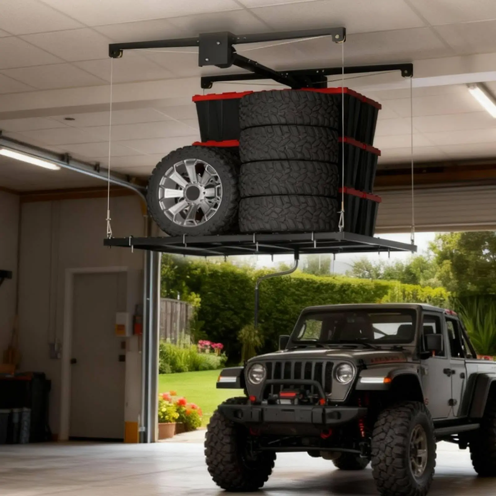 4x8ft Overhead Garage Storage Lift Rack, Ceiling Storage Rack Hoist Shelf With Hand Crank And Drill Adapter, 350 Lb Capacity Heavy Duty Carbon Steel, Adjustable Height, Safety Lock For Bins And Gear