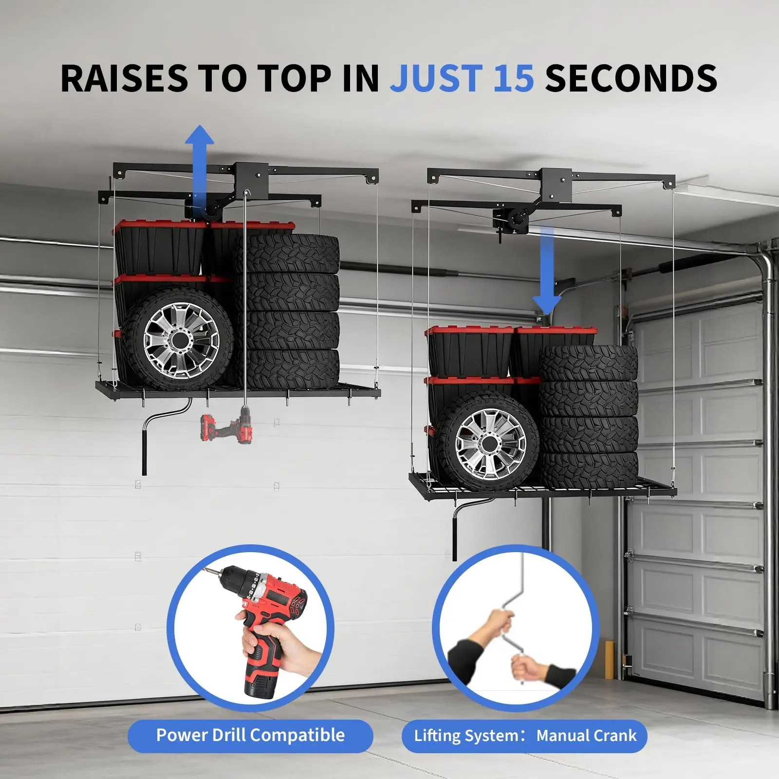 4x8ft Overhead Garage Storage Lift Rack, Ceiling Storage Rack Hoist Shelf With Hand Crank And Drill Adapter, 350 Lb Capacity Heavy Duty Carbon Steel, Adjustable Height, Safety Lock For Bins And Gear