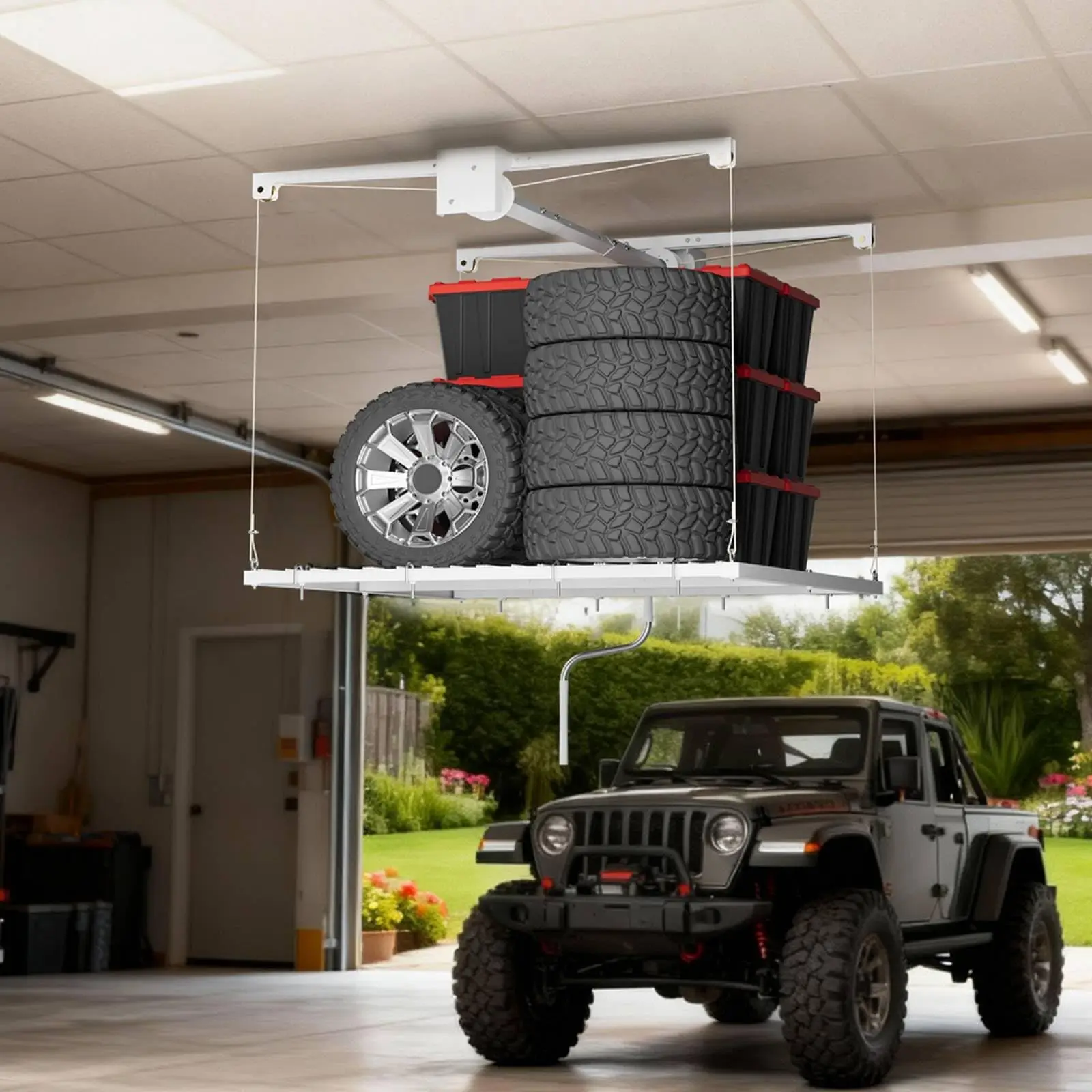4x8ft Overhead Garage Storage Lift Rack, Ceiling Storage Rack Hoist Shelf With Hand Crank And Drill Adapter, 350 Lb Capacity Heavy Duty Carbon Steel, Adjustable Height, Safety Lock For Bins And Gear