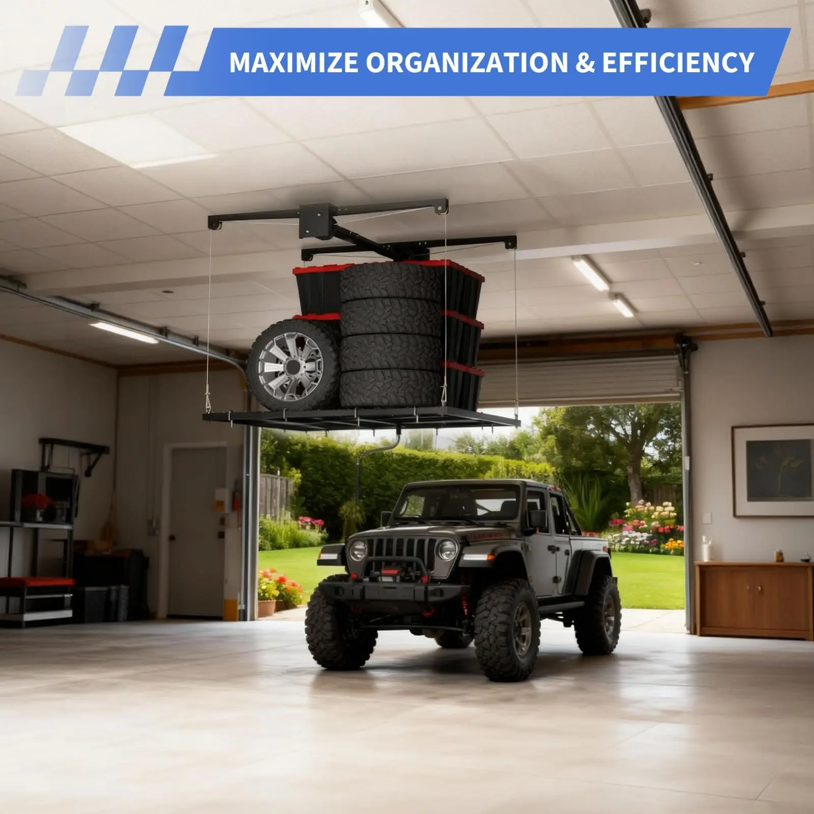 4x8ft Overhead Garage Storage Lift Rack, Ceiling Storage Rack Hoist Shelf With Hand Crank And Drill Adapter, 350 Lb Capacity Heavy Duty Carbon Steel, Adjustable Height, Safety Lock For Bins And Gear