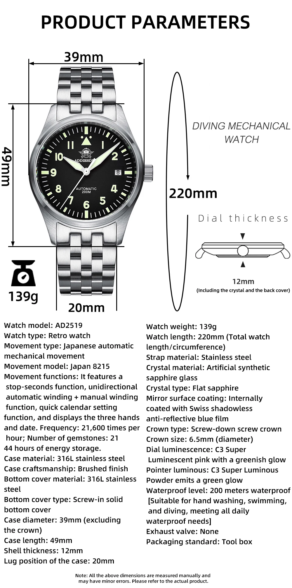 ADDIESDIVE Men Elegant Luxury Automatic Mechanical Wristwatch 39mm Sapphire Crystal 8215 Movement C3 Super Luminous 200M Waterproof Business Analog Watch AD2519