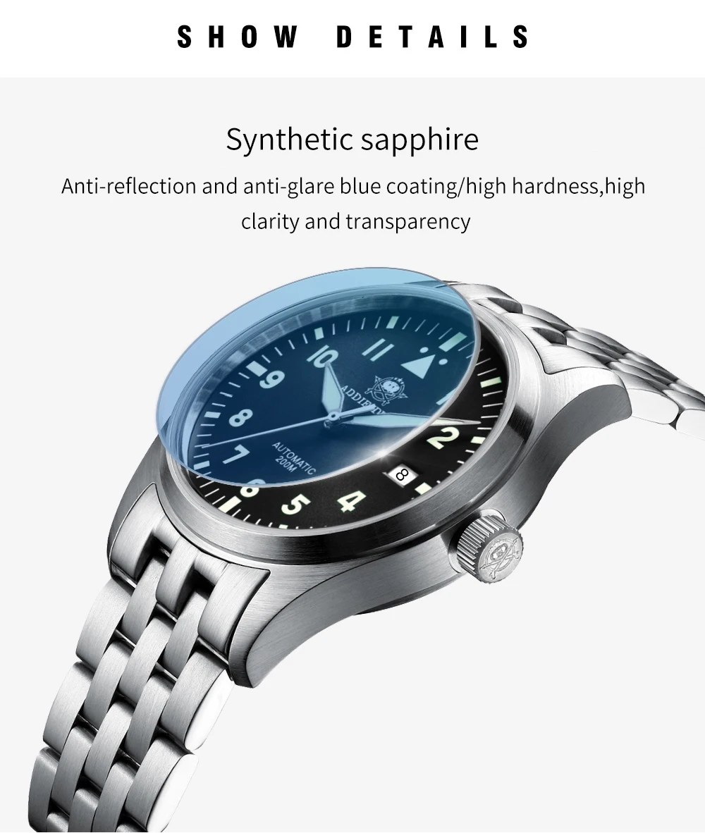 ADDIESDIVE Men Elegant Luxury Automatic Mechanical Wristwatch 39mm Sapphire Crystal 8215 Movement C3 Super Luminous 200M Waterproof Business Analog Watch AD2519