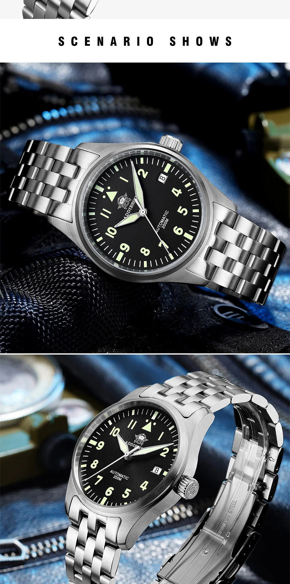 ADDIESDIVE Men Elegant Luxury Automatic Mechanical Wristwatch 39mm Sapphire Crystal 8215 Movement C3 Super Luminous 200M Waterproof Business Analog Watch AD2519
