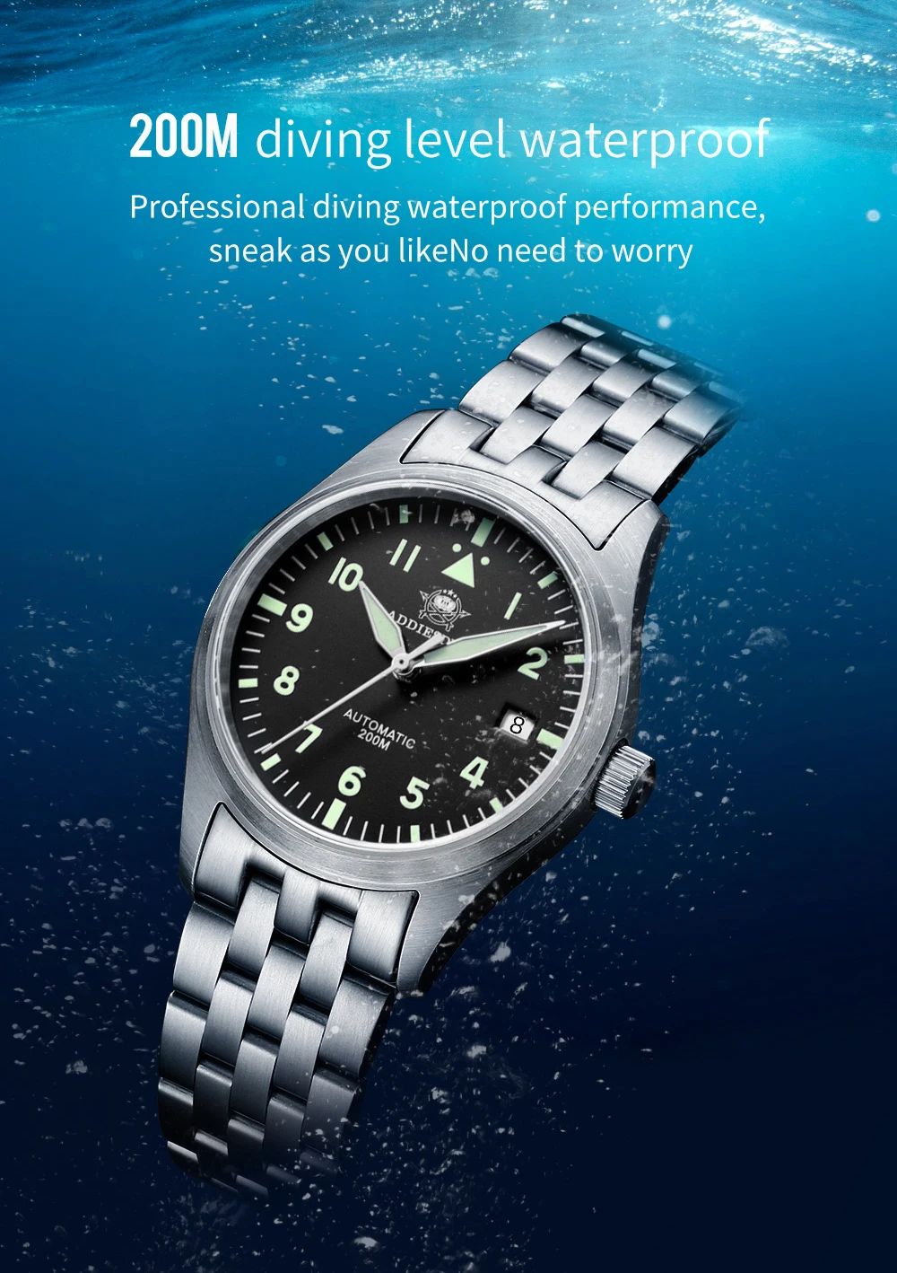 ADDIESDIVE Men Elegant Luxury Automatic Mechanical Wristwatch 39mm Sapphire Crystal 8215 Movement C3 Super Luminous 200M Waterproof Business Analog Watch AD2519