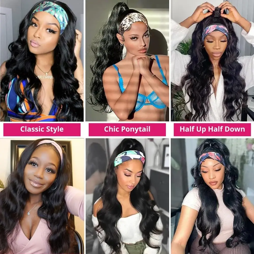 38 Inch Body Wave Headband Wig for Women Human Hair Wear and Go Brazilian Virgin Full Machine Human Hair 220 Density