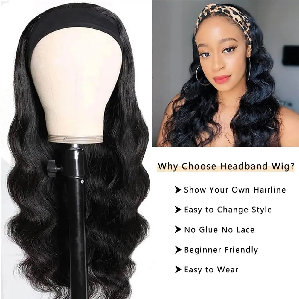 38 Inch Body Wave Headband Wig for Women Human Hair Wear and Go Brazilian Virgin Full Machine Human Hair 220 Density
