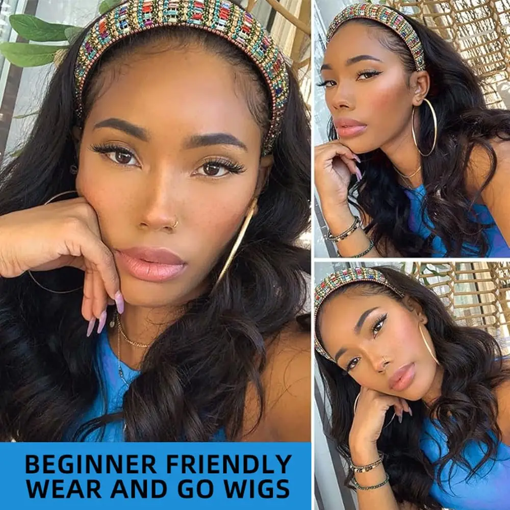 38 Inch Body Wave Headband Wig for Women Human Hair Wear and Go Brazilian Virgin Full Machine Human Hair 220 Density