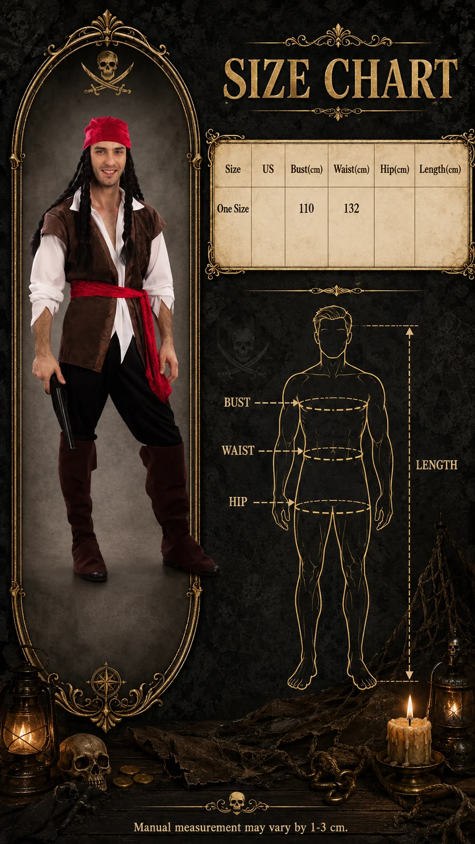 One Size Adult Men Pirate Costume Set Retro Buccaneer Fancy Dress Complete Outfit with Headscarf Vest Shirt Trousers Boot Covers Sash Cosplay Clothing for Halloween Masquerade Carnival Theme Party Holiday Dress‑up Supplies Stage Show